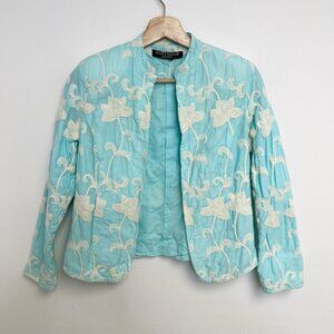 Scott Taylor Embroidered Floral Cotton Tiffany Blue Jacket Petite XS/S